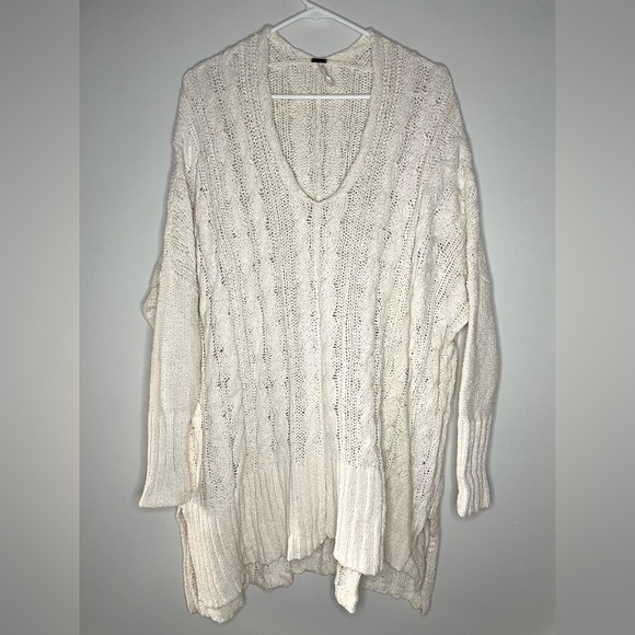 Free People Easy Cable Knit V Neck Ivory Sweater Size M - Picture 3 of 7